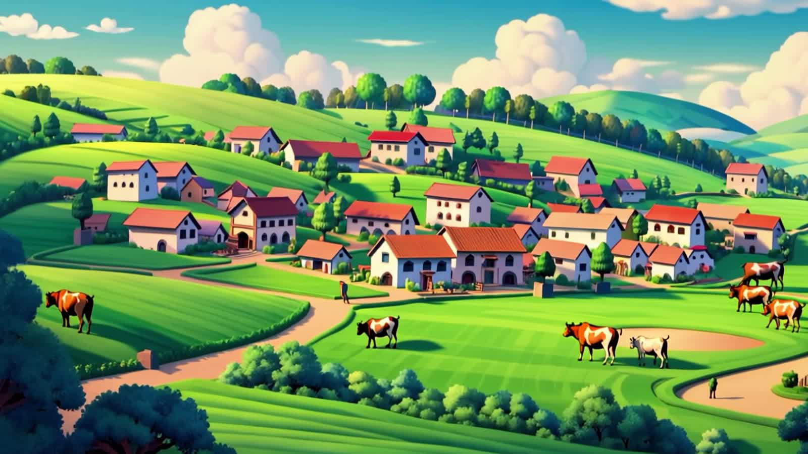 1. Gokul village with green fields, cows, and happy villagers, bright and divine cartoon style.