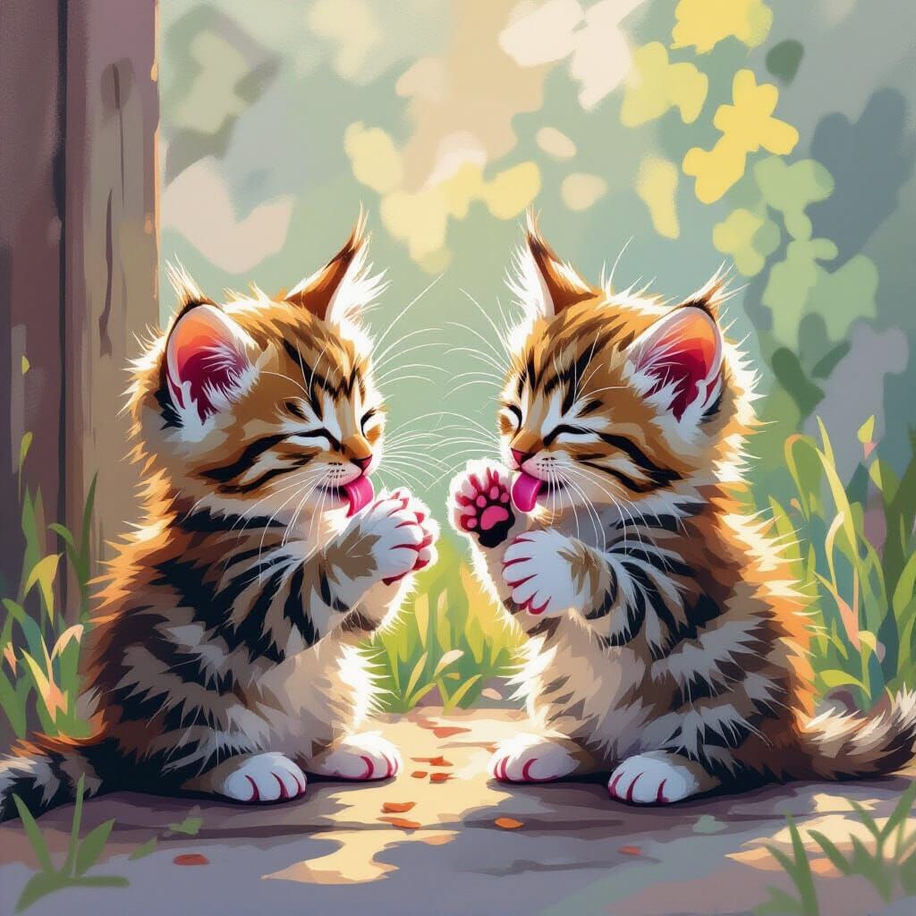 Adorable Kittens Licking Paws in Digital Art Style