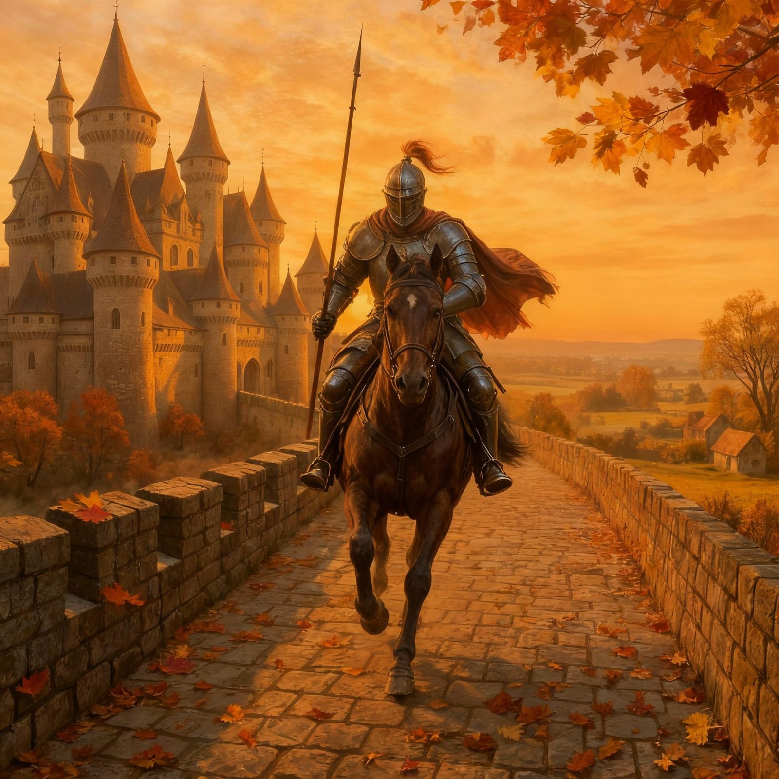 Knight Gallops Along Castle Wall at Sunrise