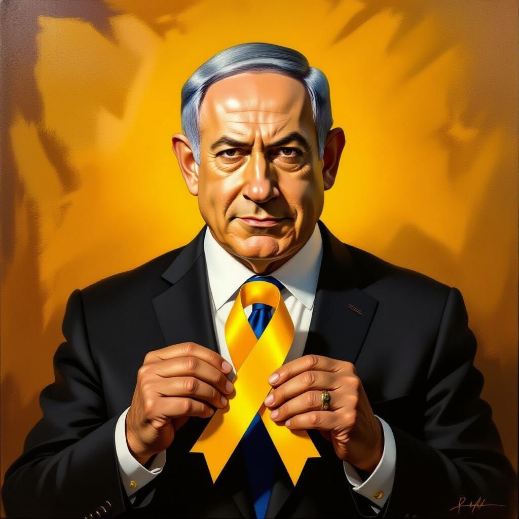 Netanyahu Holds Yellow Ribbon Sign in Renaissance Style
