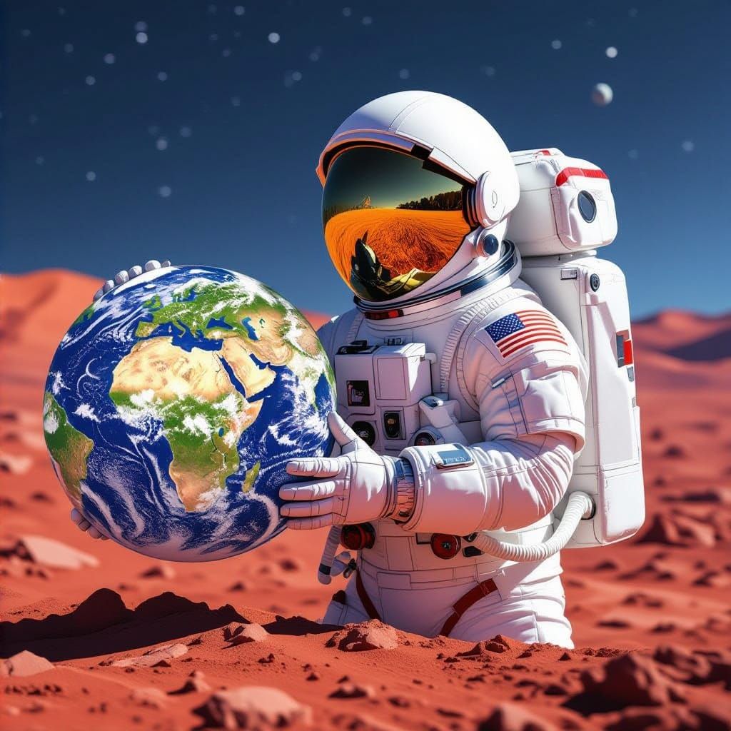 Astronaut Holds Detailed Mars With Earth in Background