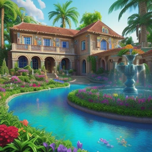 Surreal Villa with Amazing Garden in Vibrant Oil Painting