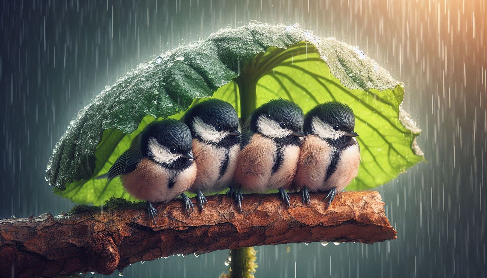 Birds seeking shelter under a leafy umbrella