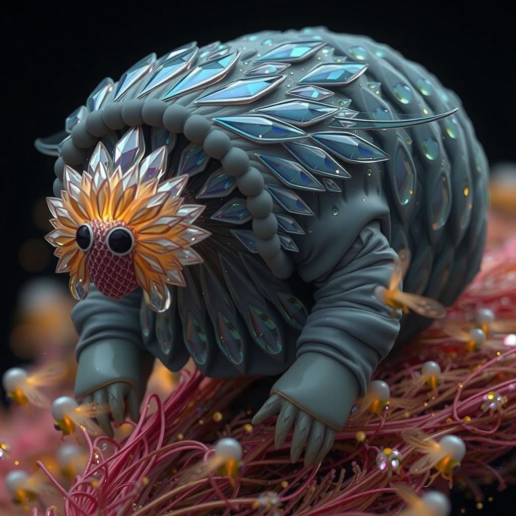 Beautiful snowglobe Digital anime 3d. Medium shot. An anthropomorphic firefly with iridescent wings and a flowing cape stands amidst a swarm...