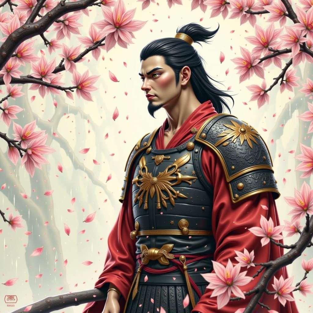 Samurai warrior in traditional armor, wearing a intricately designed kimono, standing amidst delicate cherry blossoms, petals gently falling...