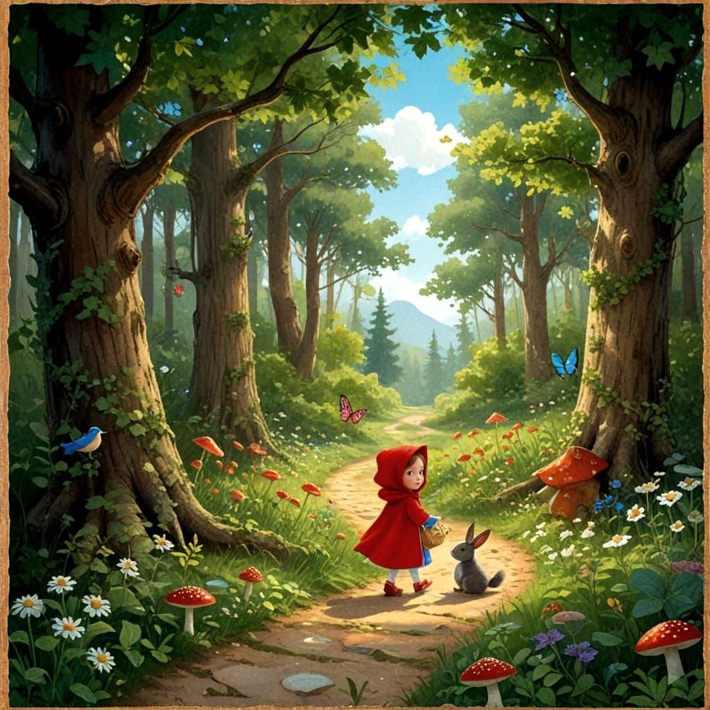 Whimsical Woodland Scene with Little Red Riding Hood