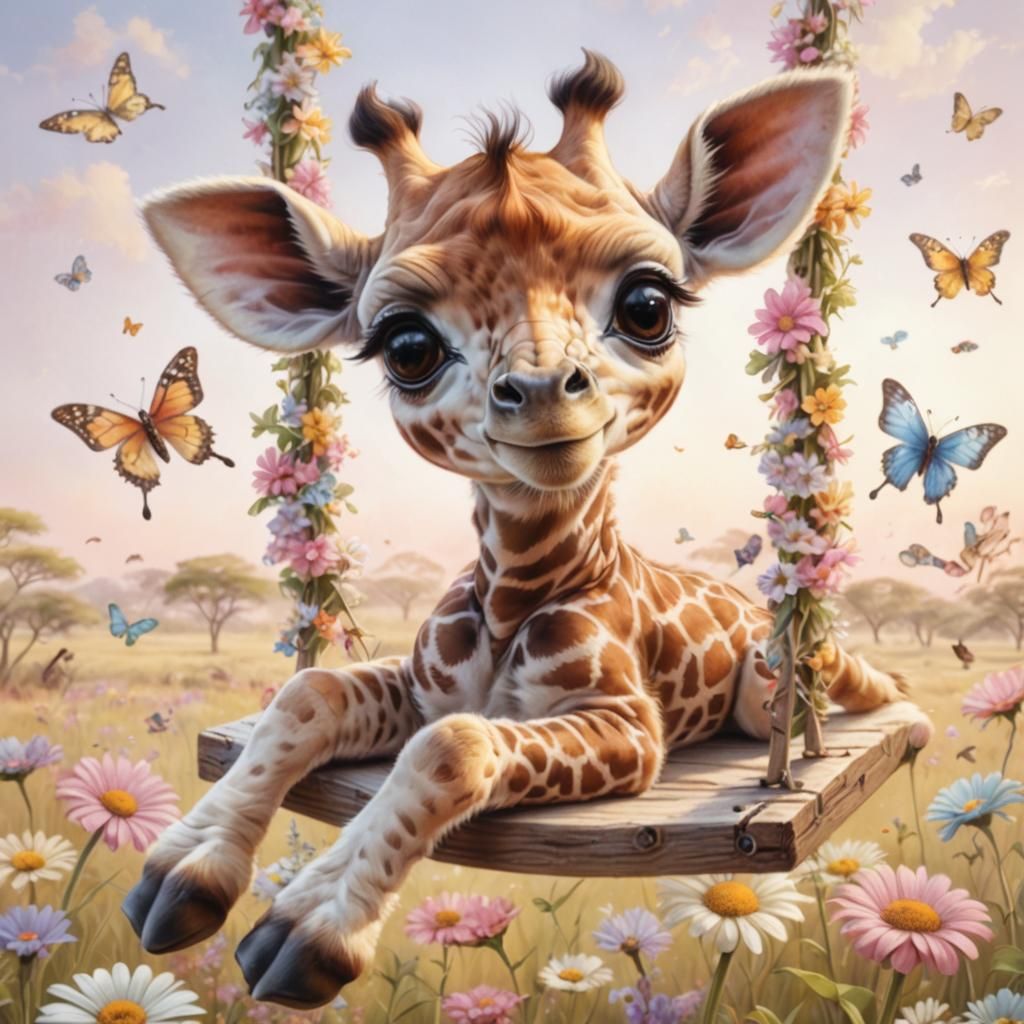 a hyperrealistic whimsical image of a cute baby giraffe with...