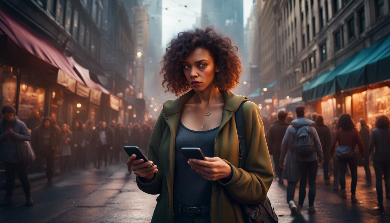 scared woman looking at cellphone on crowded downtown sidewa...