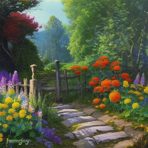 a cottage in the forest with beautiful flowers and cobble stone path ...