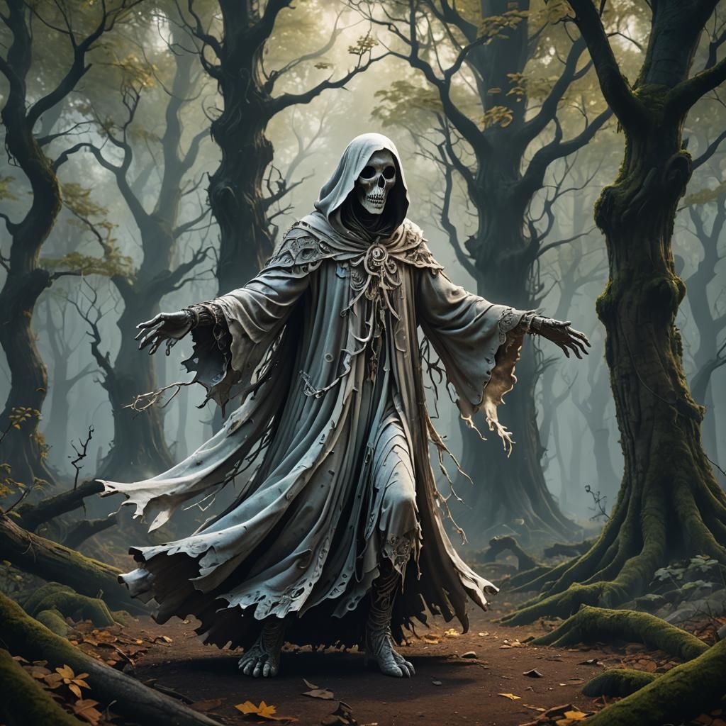 Dancing ghost in haunted woods - AI Generated Artwork - NightCafe Creator