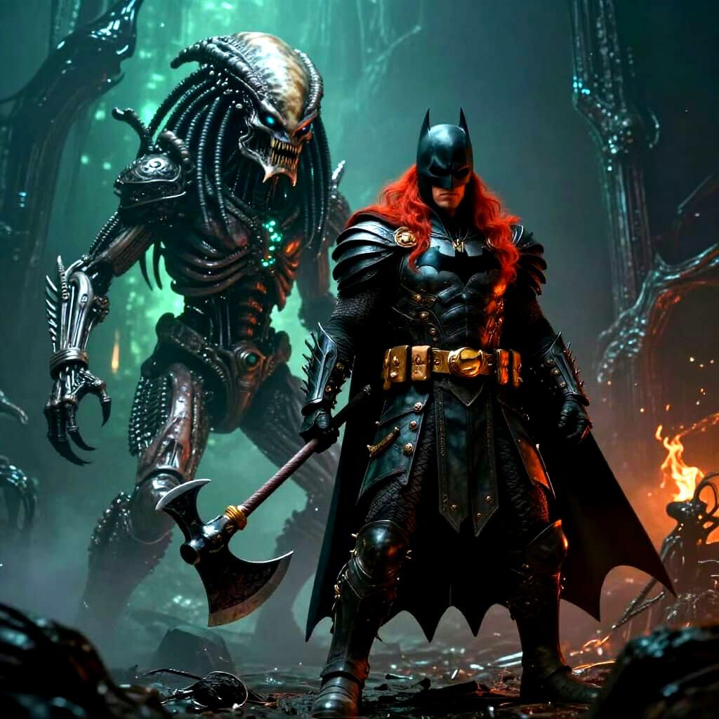 Viking Batman vs Predator in Giger Style