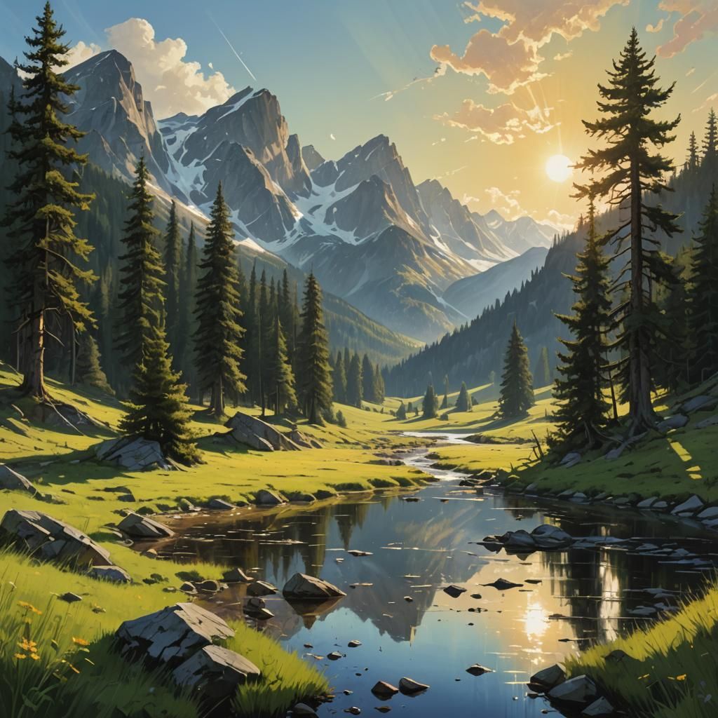 most beautiful landscape with woods, water, mountains, meado...