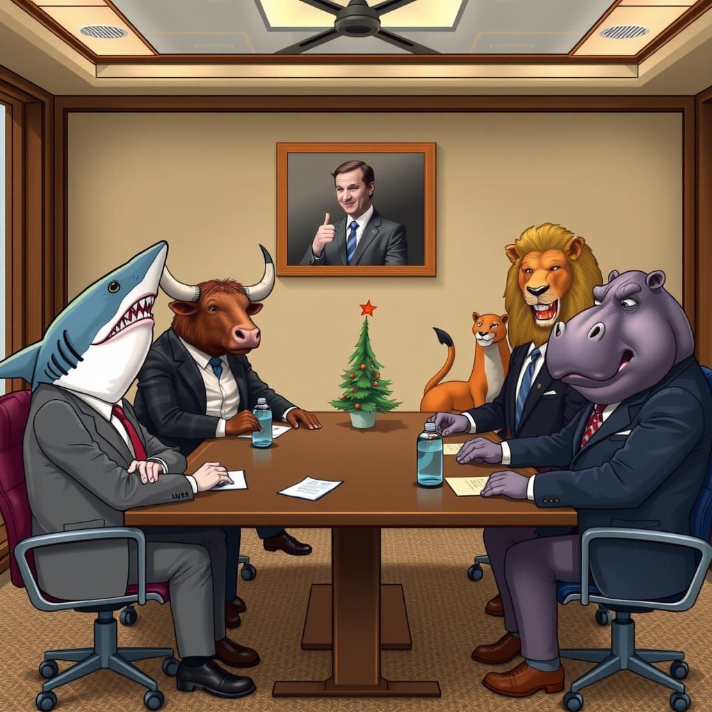 A business meeting between Anthropomorphic animals, a shark....
