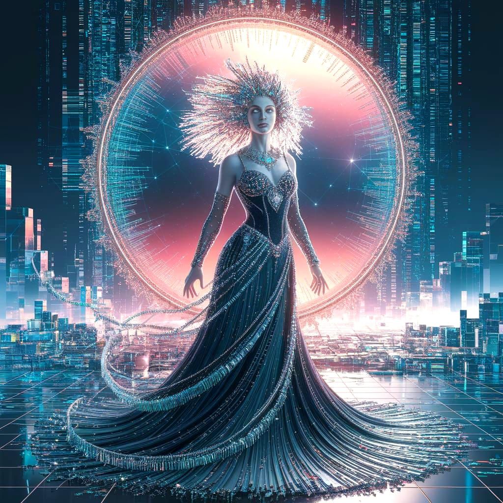 A digital enchantress with a flowing gown of binary code stands before a shimmering portal, their eyes radiating an otherworldly glow. The b...