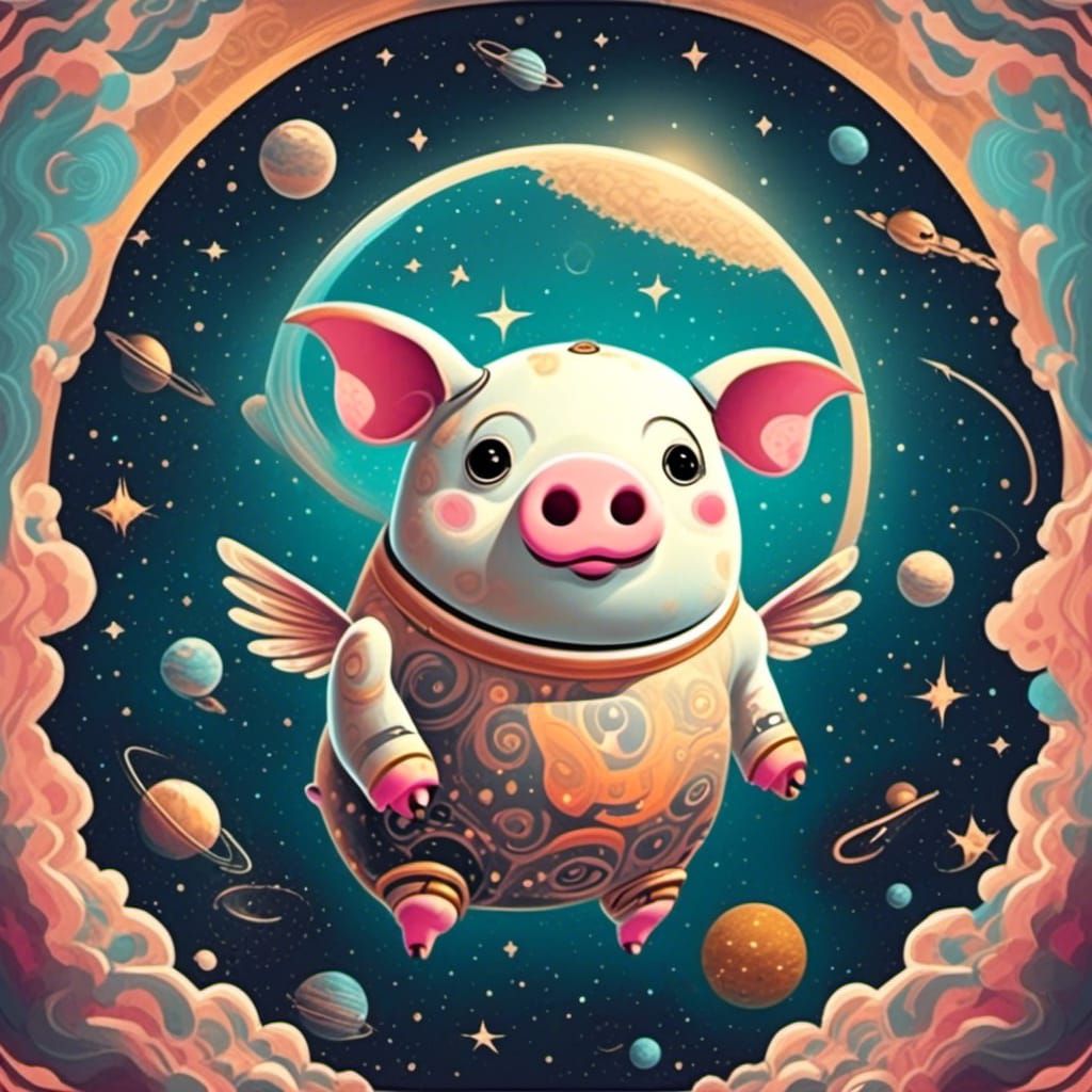 <lora: CrazyTown :1.0> Cute adorable fat robot flying pig in outer space 