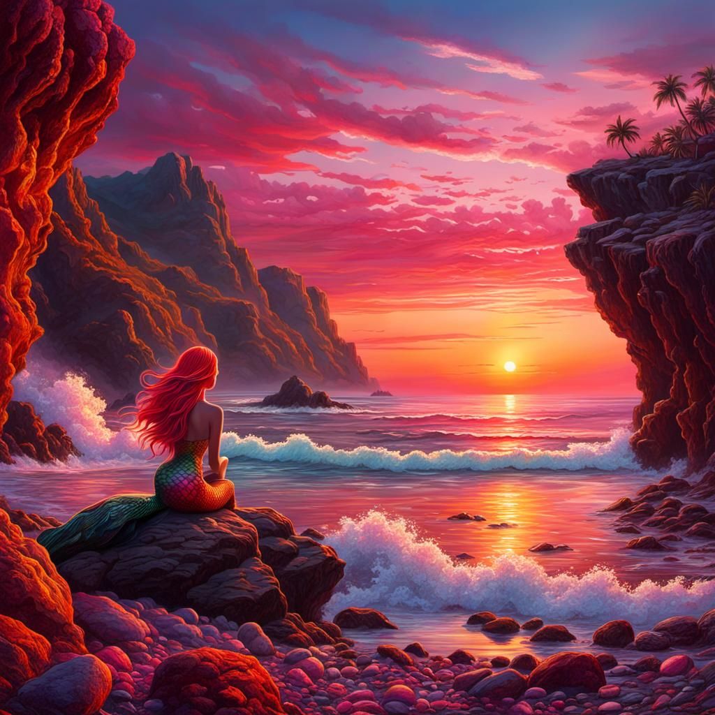 Mermaid sitting on rocky beach watching beautiful sunset over the ocean, red, pink, orange, vivid colors, ...  by @Morning Dawn