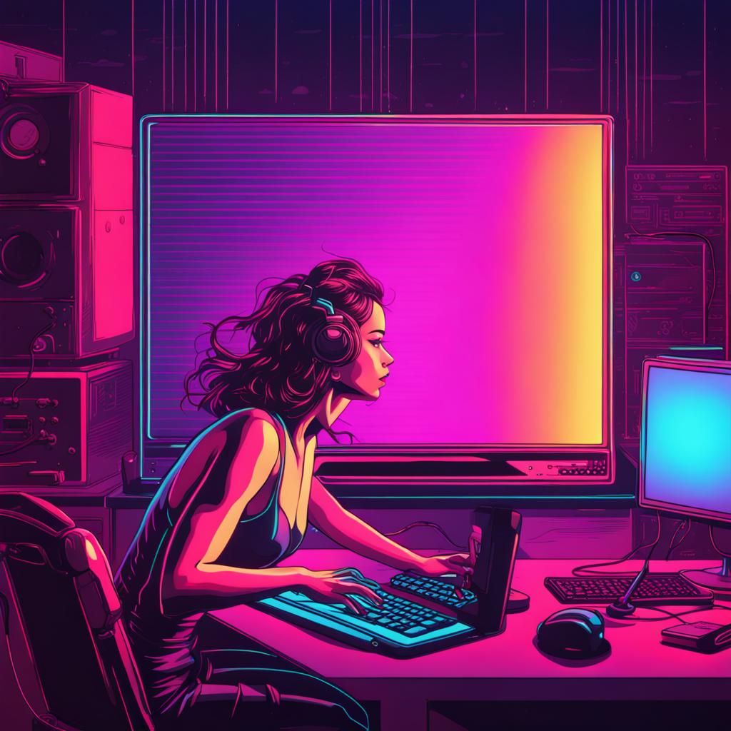 A woman diving into a computer monitor to join the game