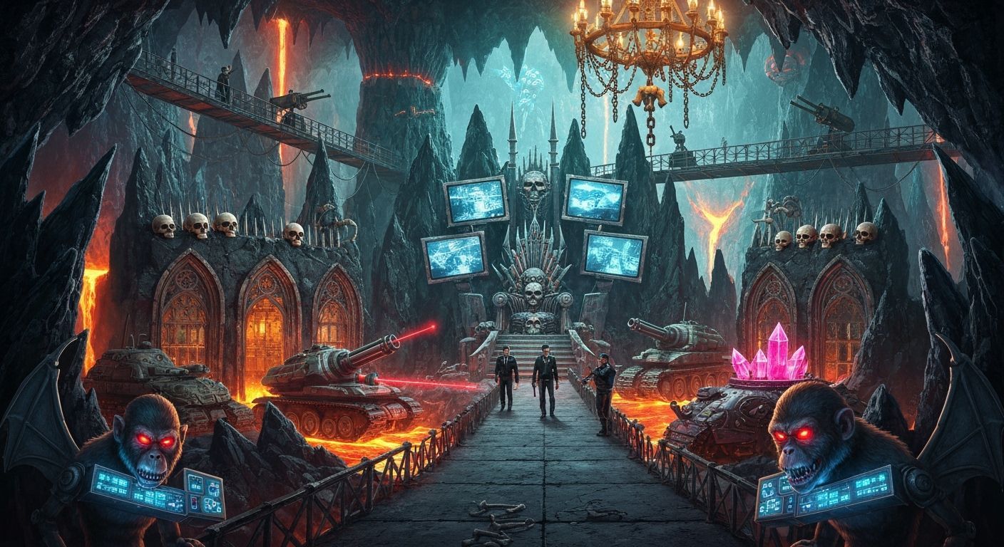 A colossal underground supervillain lair carved into the walls of a volcanic cavern. Jagged obsidian ...  by @Pennysan