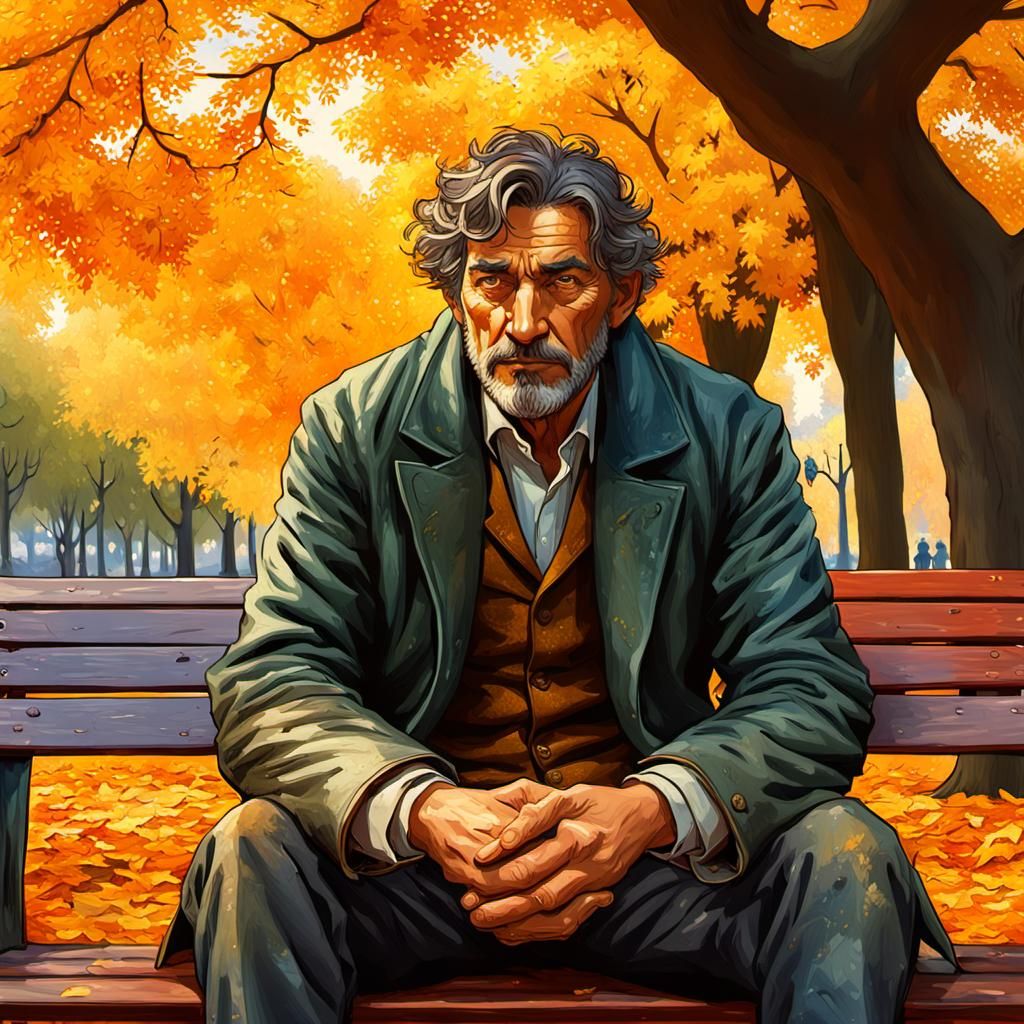 Un homme assis sur un banc de parc sous un arbre, des feuill...