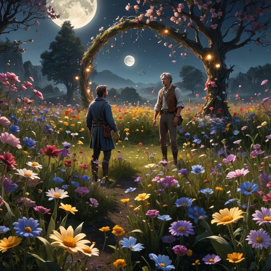 Two people chose night time in a flower field to talk