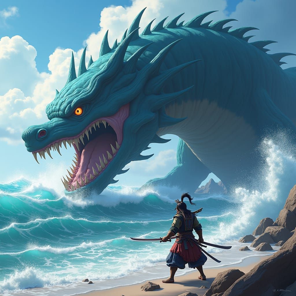 Samurai Warrior Battles Sea Monster: 3D Anime Art