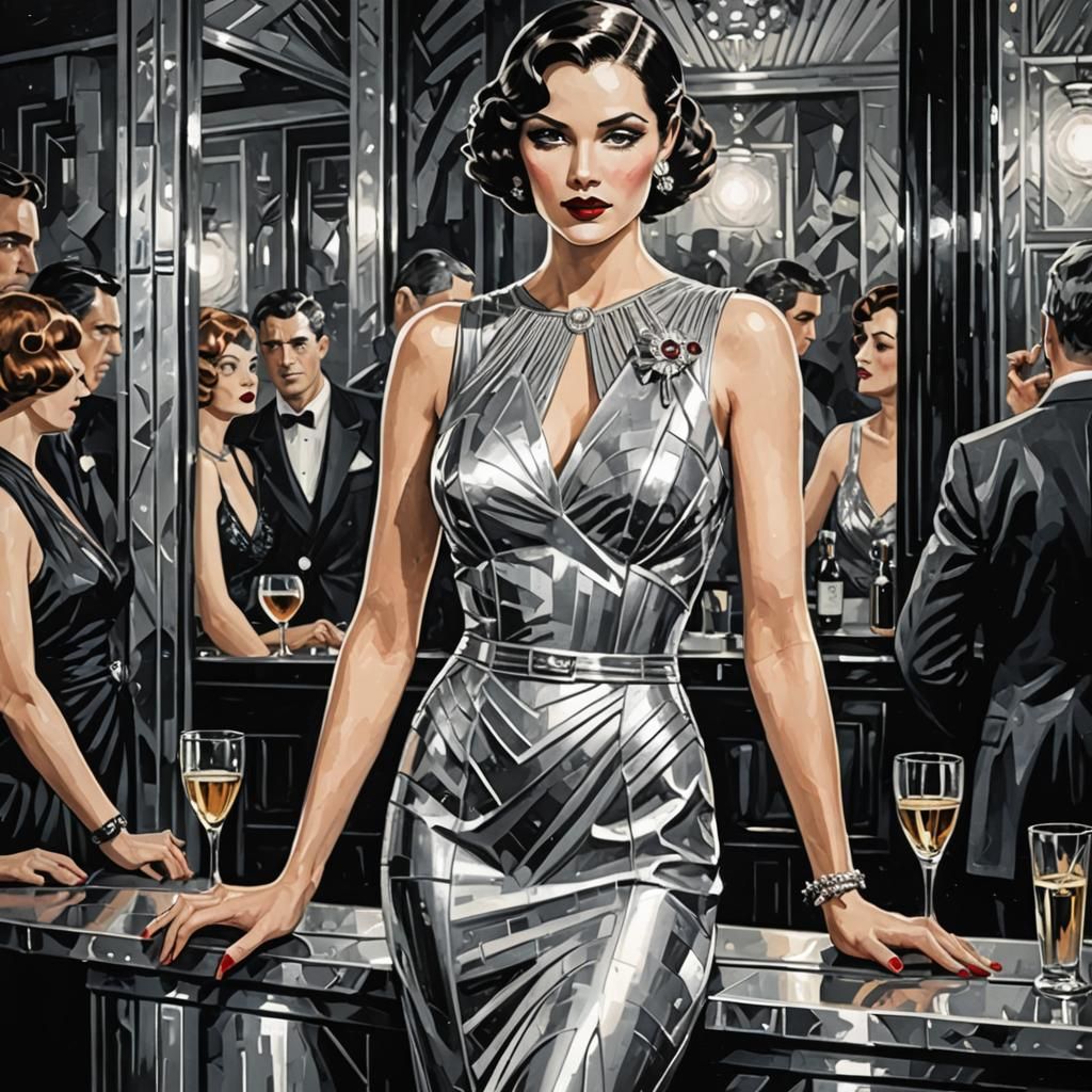 Comic Noir Expressionism, art deco bar, silver evening dress...