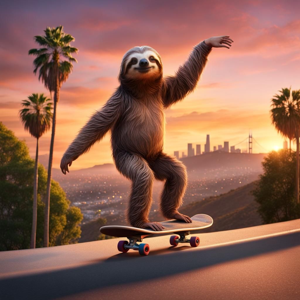 A sloth skateboarding in front of the Hollywood sign during ...