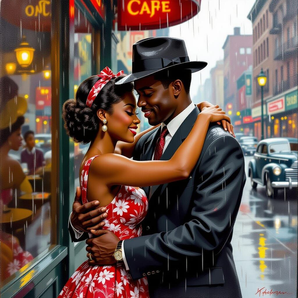 Hyper-realistic digital art. Medium shot. A young [African American woman] and a man [EMBRACE] OUTSIDE ...  by @Mylinz