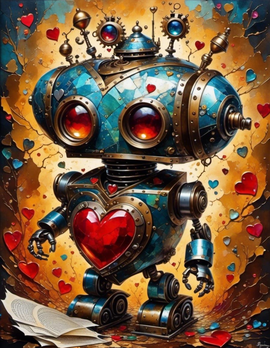cuteness overload big metal heart <lora:AOCP:1.0>mail art, Rococo surrealism, two parts in one art, splatter alcohol ink masterpiece, impres...
