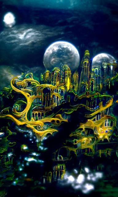 A forest ghost city with hyperdetailed painting of buildings...