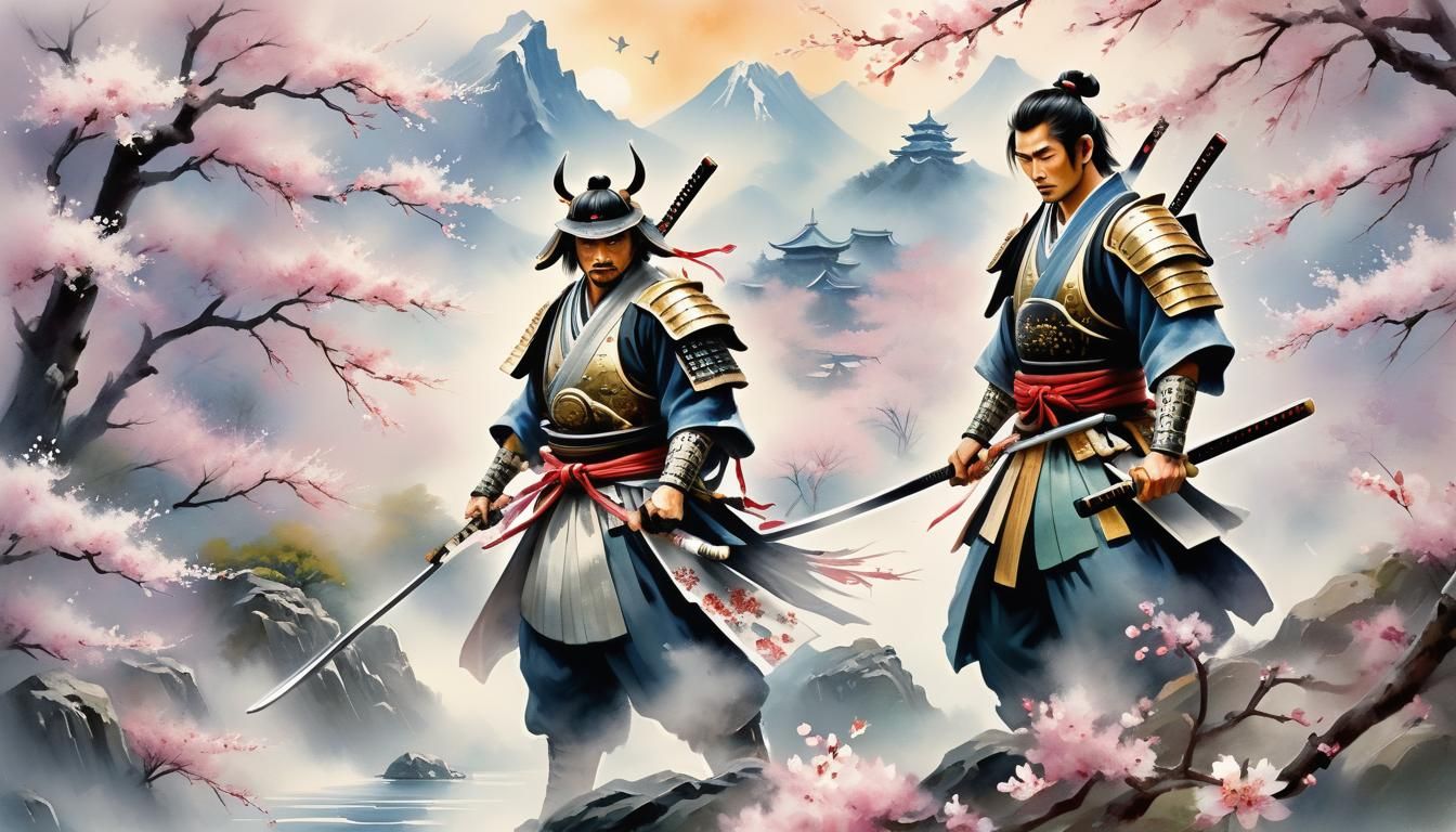 Samurai Warrior: A stoic samurai in full armor, holding a ka...