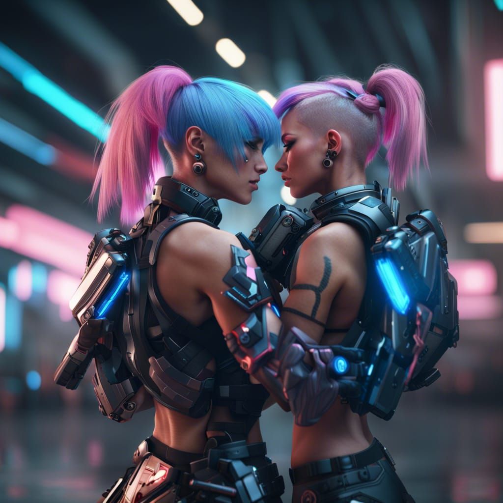 Cyberpunk Kiss: Futuristic Battle in Biopunk Style