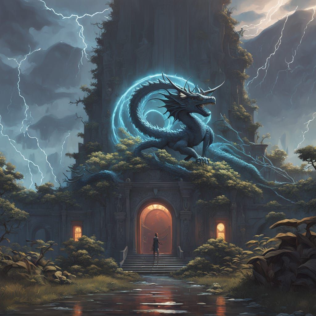 Ethereal Dragon on Glowing Portal in Fantastical Stormy Land...