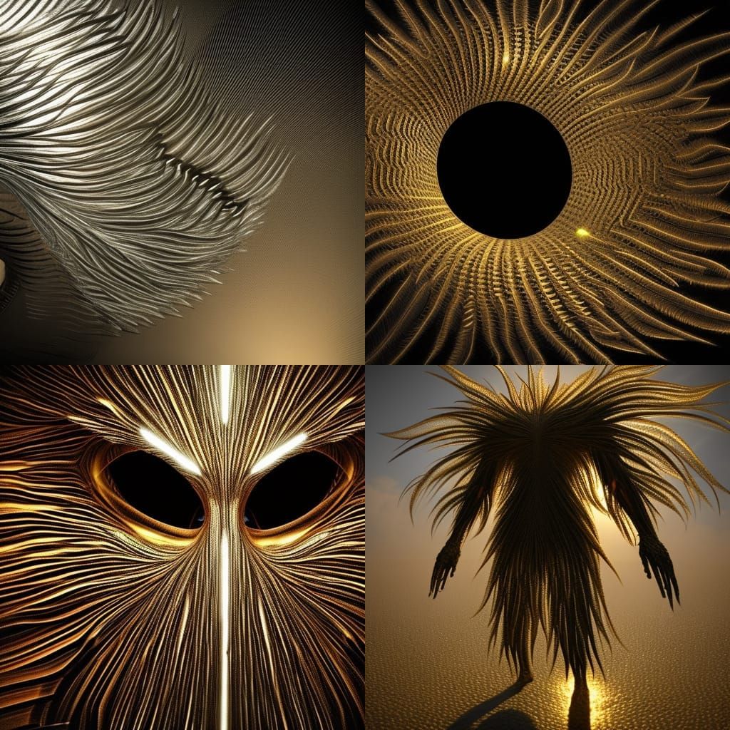 Creature made of a hundred human eyes and silver feathers