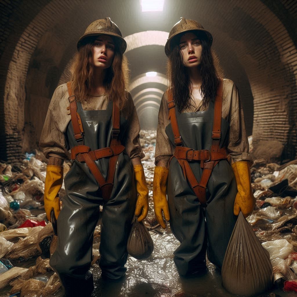 Two exhausted female sewer workers wade through the Cloaca M...