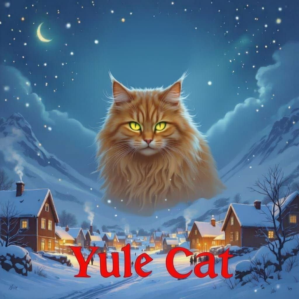 A large orange yule cat with glowing green eyes looking down on an Icelandic village on Christmas eve