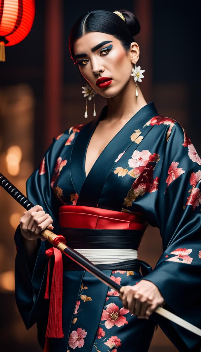 geisha samuray with katana and blood
