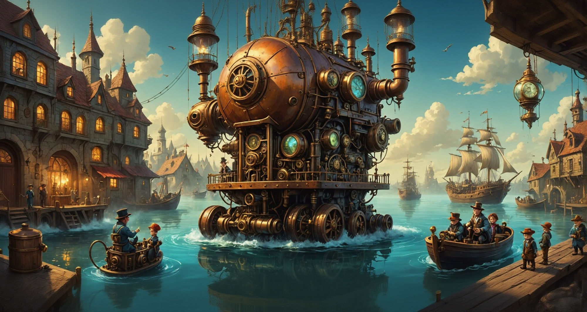2D painting. Medium shot. Whimsical fantasy mechanic android with intricate engineering design, surrounded by water. Steampunk art style. Ex...