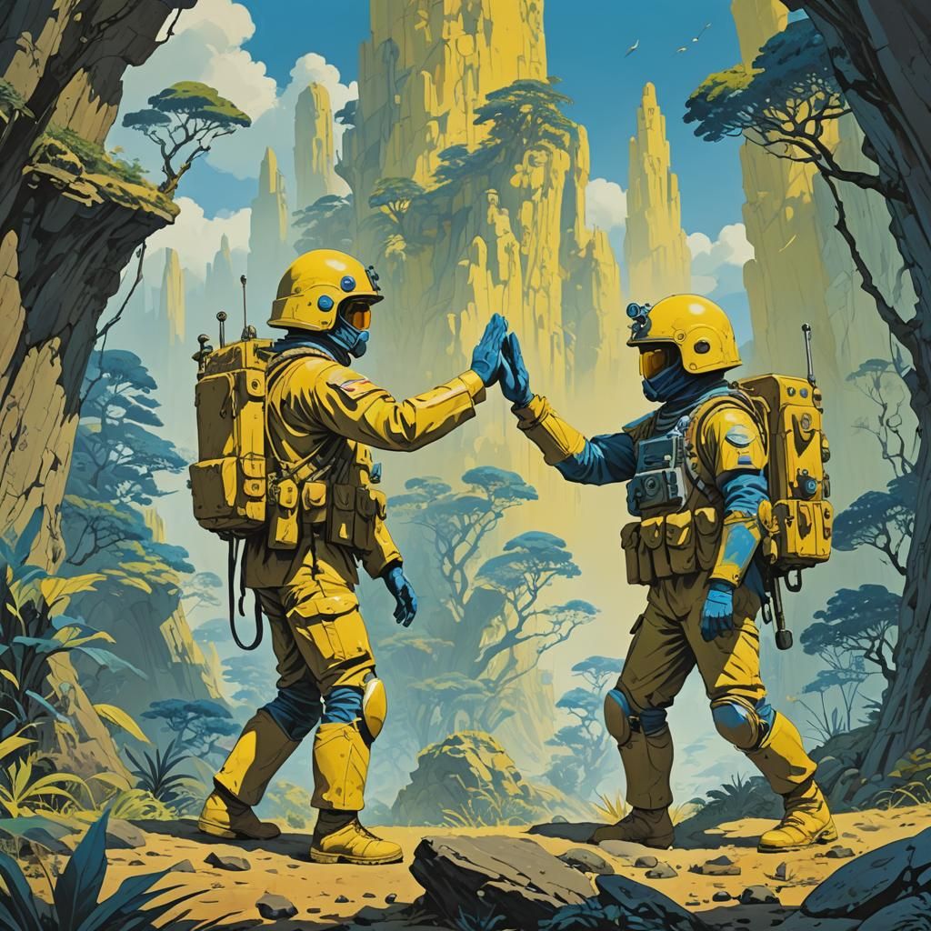 Two soldiers making high five friends. 8k resolution concept art trending on Artstation gouache Roger ...  by @Helent