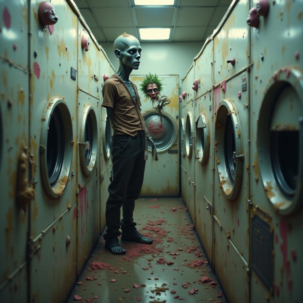 people in the style of <lora:zombiefy:1.5> , use a laundrette