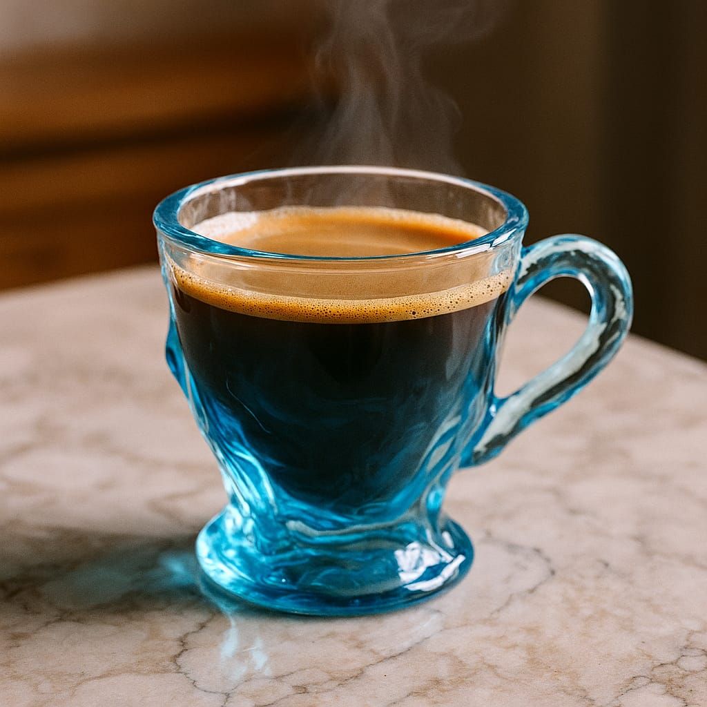 bluish liquid coffee mug with hot beverage