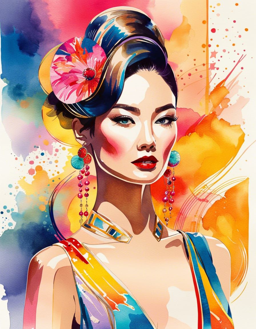 Watercolor Mondian fashion model sketch intricale details ja...