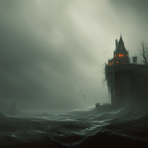 A haunted building next to a ocean