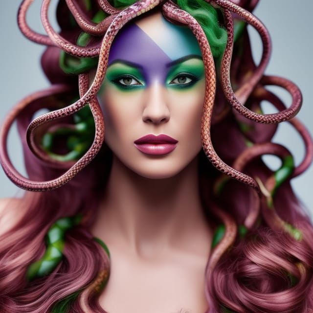 Beauty Medusa hair in snakes mythic Closeup portrait, color portrait