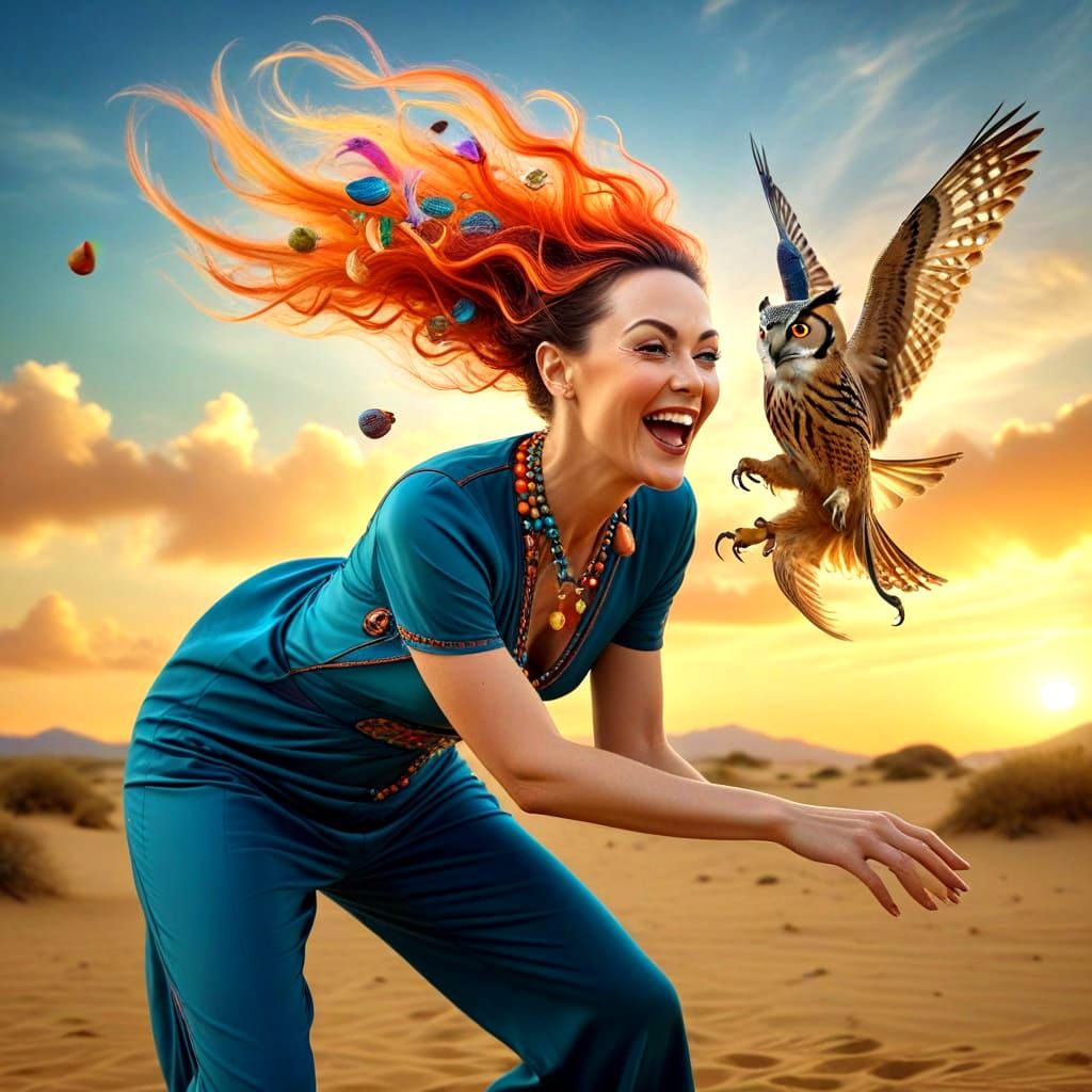 Hyperrealistic Portrait of a Happy Lady in a Surreal Scene