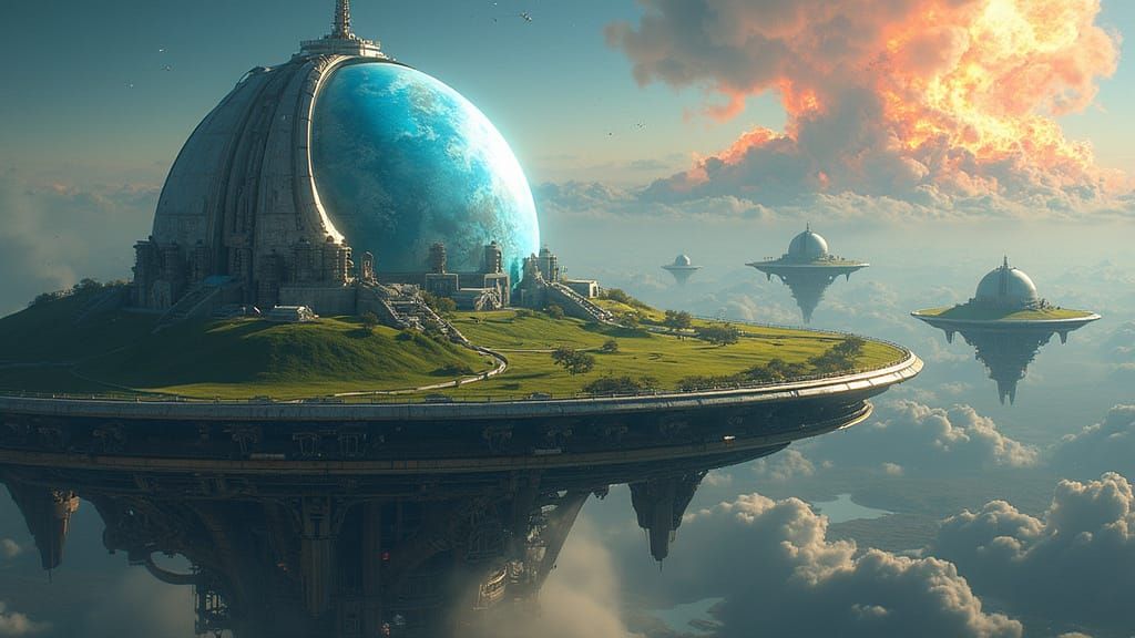 Hyperrealistic digital art of a group of platforms flying in space. The base of the platforms is made ...  by @Mikrotherion