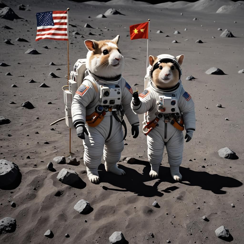 A hamster and Llama astronaut in a spacesuit on the moon, wi...
