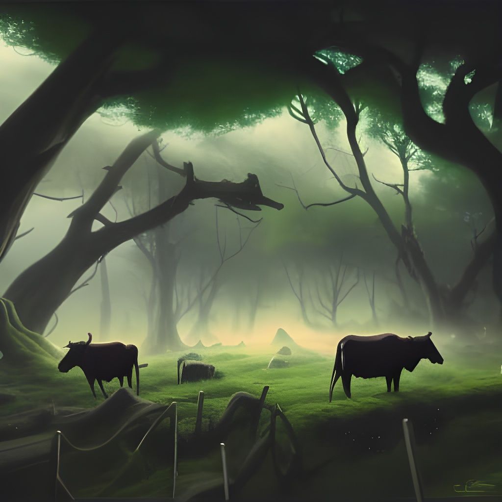 Dark spooky forest with animals