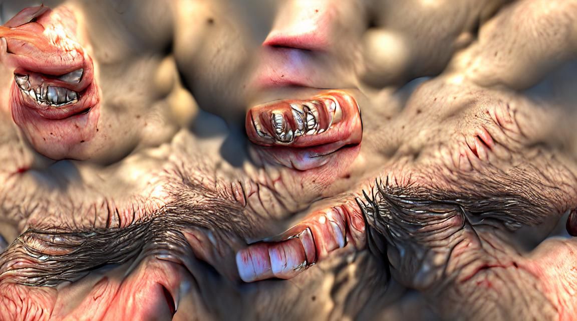 Flesh, teeth, bones, eyes, nails, hair, texture, hyperrealis...
