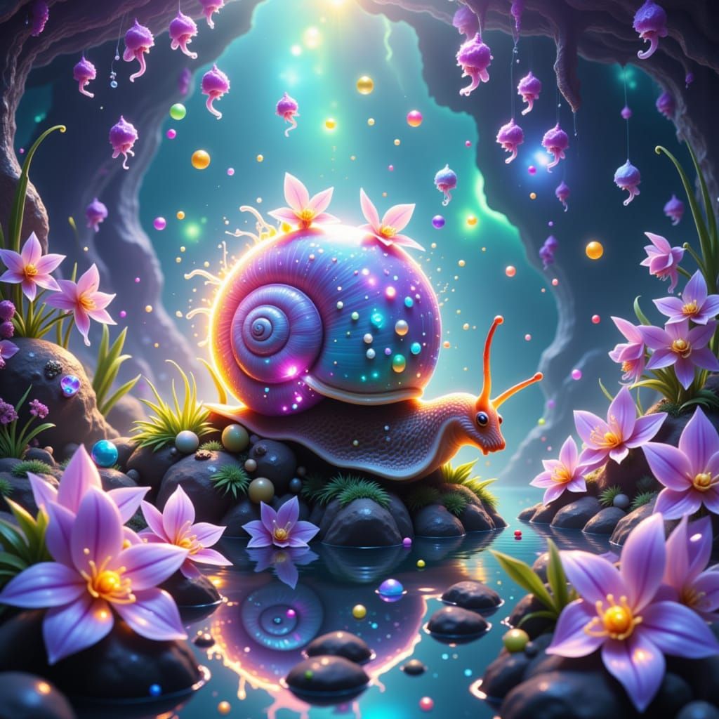 Anime style. A serene, nature-spirit snail gliding through a surreal, cosmic landscape, leaving a trail of shimmering, vibrant flowers. Gent...